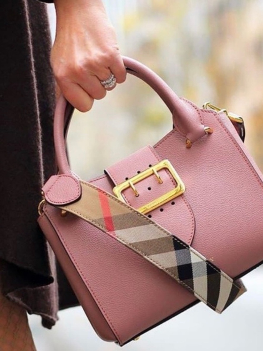 Burberry Pink Leather Top-Handle Bag with Gold Buckle